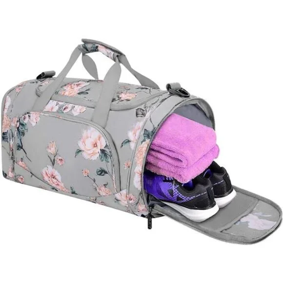 Gray Floral Print Sports Travel Tote Weekender Duffle Gym‎ Bag Crossbody Purse